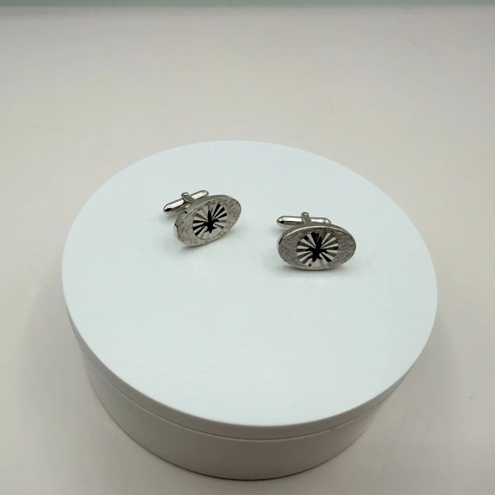 Vintage 70s Mid Century Fleur De Lis Cufflinks SilverTone Oval Sunburst Textured